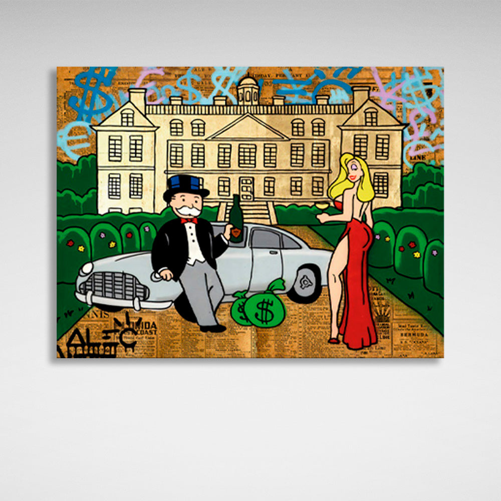 The girl and Alec Monopoly in the background of the car and the house Canvas Wall Art Print