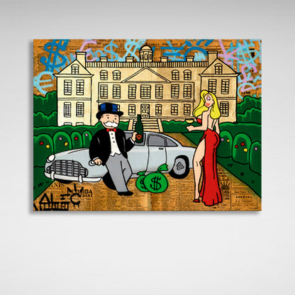 The girl and Alec Monopoly in the background of the car and the house Canvas Wall Art Print