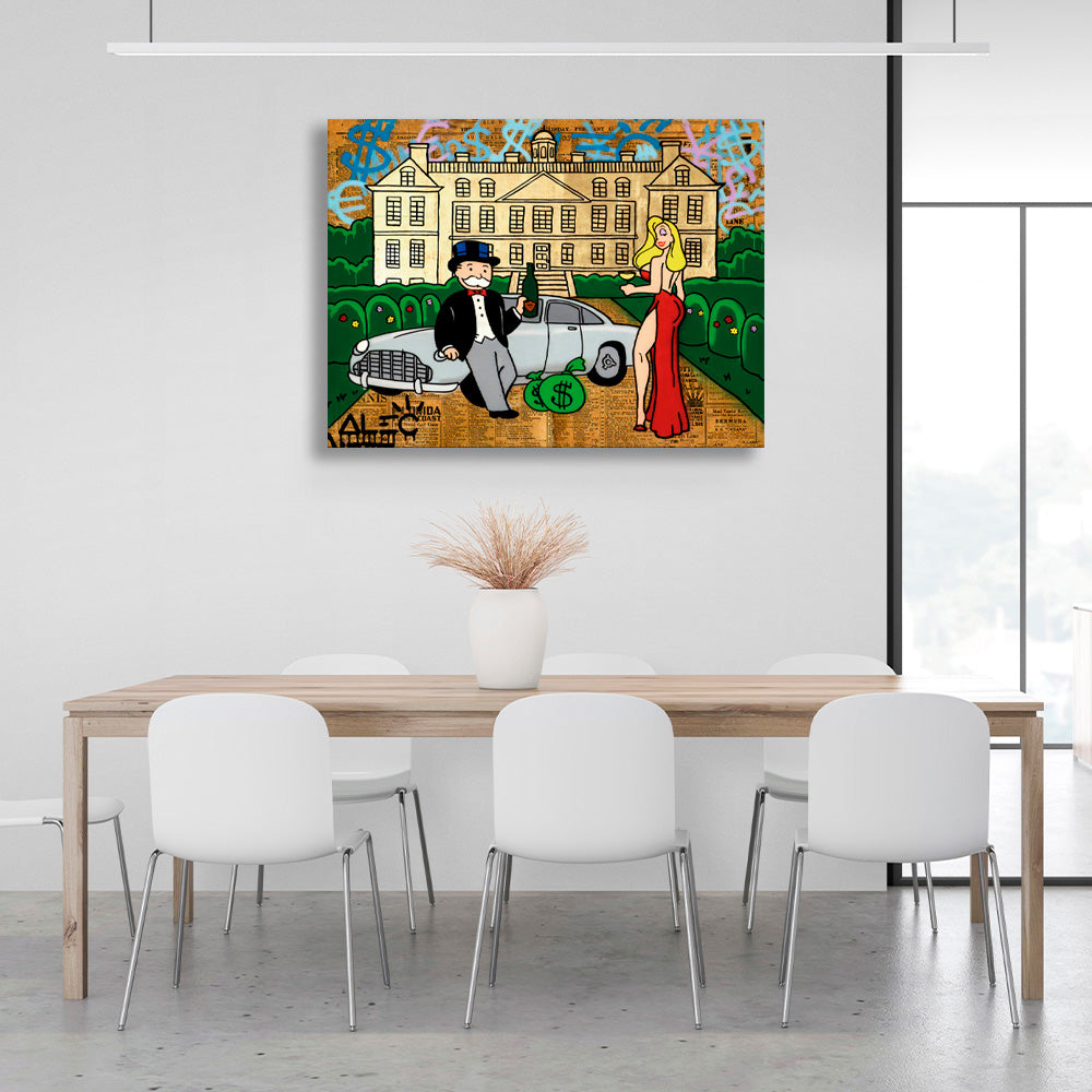 The girl and Alec Monopoly in the background of the car and the house Canvas Wall Art Print