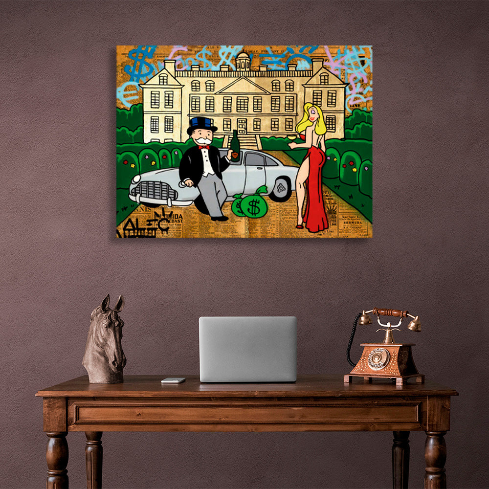 The girl and Alec Monopoly in the background of the car and the house Canvas Wall Art Print