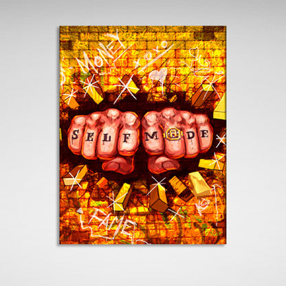 Two fists and a golden wall Motivational Canvas Wall Art Print