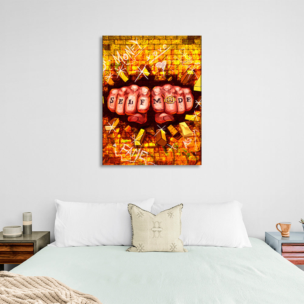 Two fists and a golden wall Motivational Canvas Wall Art Print