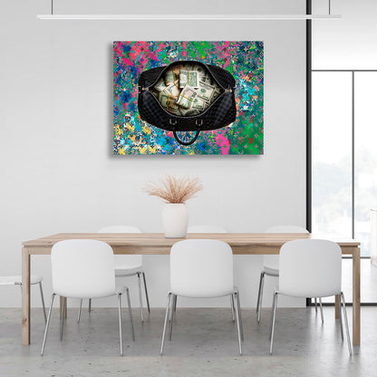 A black bag with money in the background of graffiti Inspirational Canvas Wall Art Print