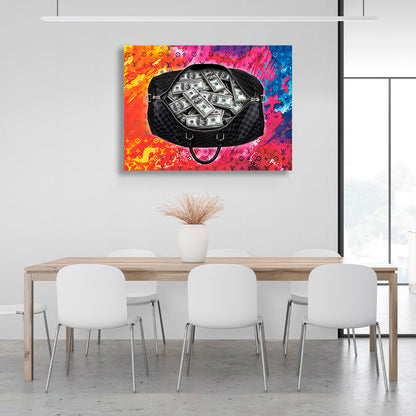 Black bag with 100 dollar bills on a bright background Inspirational Canvas Wall Art Print