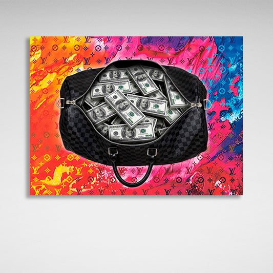 Black bag with 100 dollar bills on a bright background Inspirational Canvas Wall Art Print