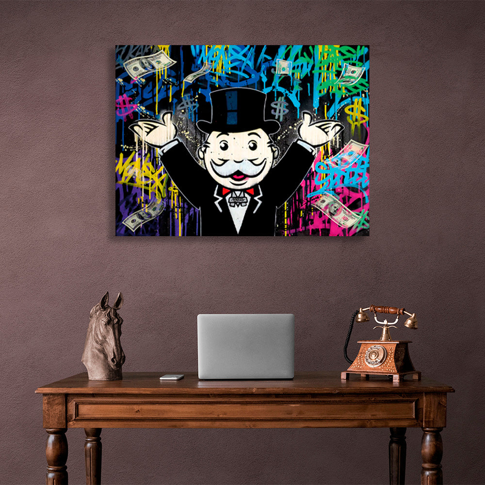 Alec Monopoly in the background of the money graffiti Canvas Wall Art Print