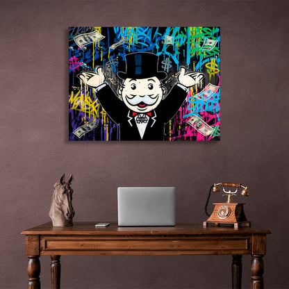 Alec Monopoly in the background of the money graffiti Canvas Wall Art Print