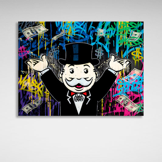 Alec Monopoly in the background of the money graffiti Canvas Wall Art Print