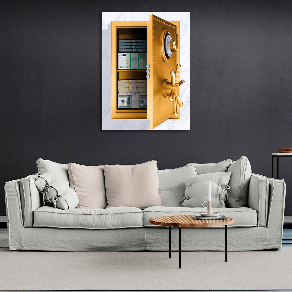 Open safe with money in the wall Inspirational Canvas Wall Art Print