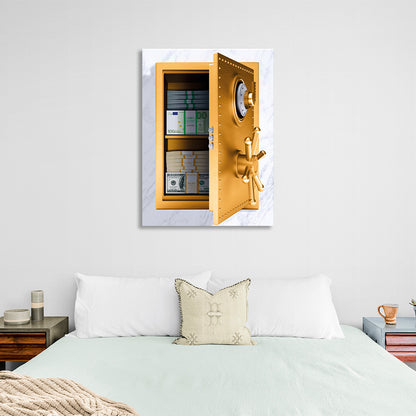 Open safe with money in the wall Inspirational Canvas Wall Art Print