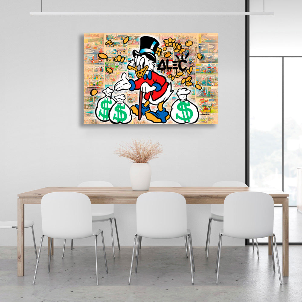 Scrooge with three white bags of gold in a comic book background Inspirational Canvas Wall Art Print