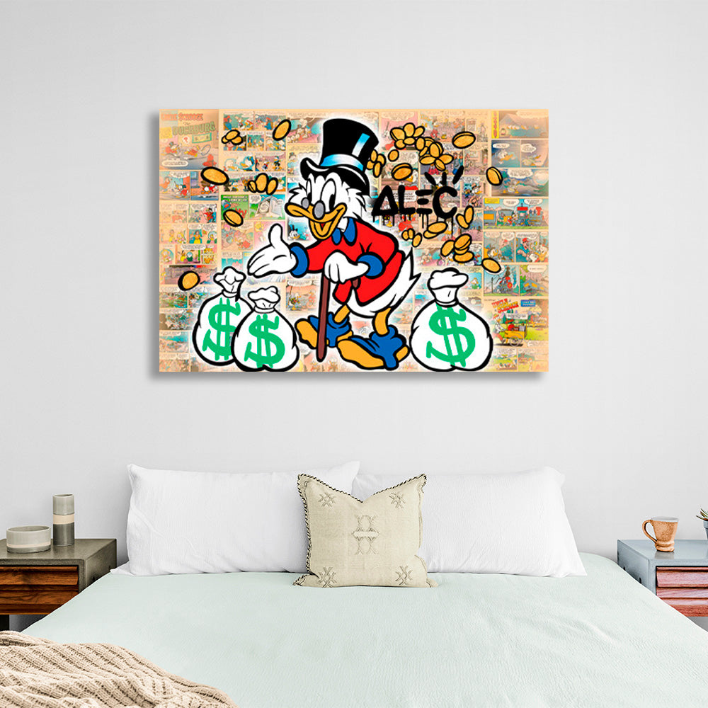 Scrooge with three white bags of gold in a comic book background Inspirational Canvas Wall Art Print