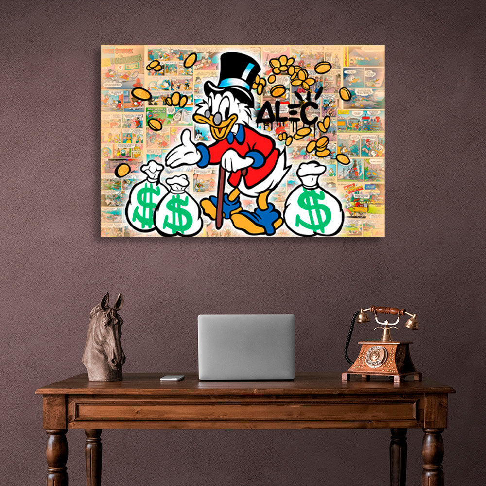 Scrooge with three white bags of gold in a comic book background Inspirational Canvas Wall Art Print