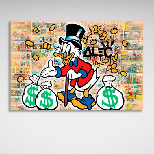 Scrooge with three white bags of gold in a comic book background Inspirational Canvas Wall Art Print