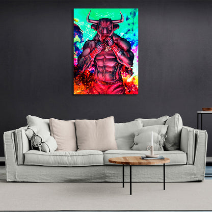 A red bull against a red fire Canvas Wall Art Print