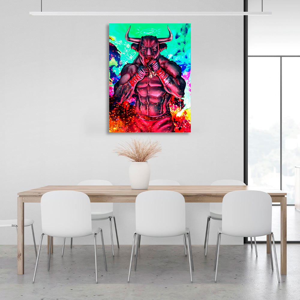 A red bull against a red fire Canvas Wall Art Print