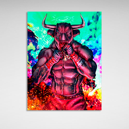 A red bull against a red fire Canvas Wall Art Print