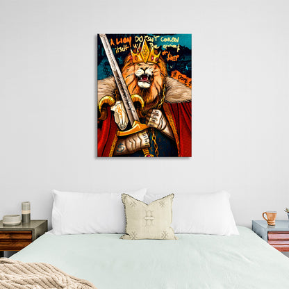 A lion man with a crown and a sword in his hands Motivational Canvas Wall Art Print