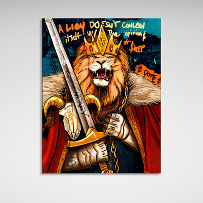 A lion man with a crown and a sword in his hands Motivational Canvas Wall Art Print