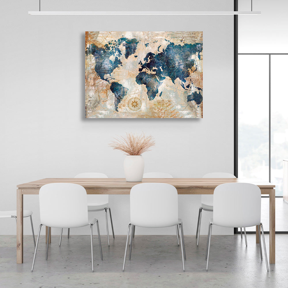 Map in gold and blue colors Canvas Wall Art Print