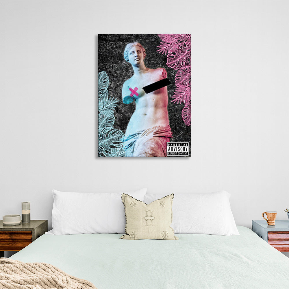 Greek statue against a backdrop of tropical leaves in pink and blue colors Canvas Wall Art Print