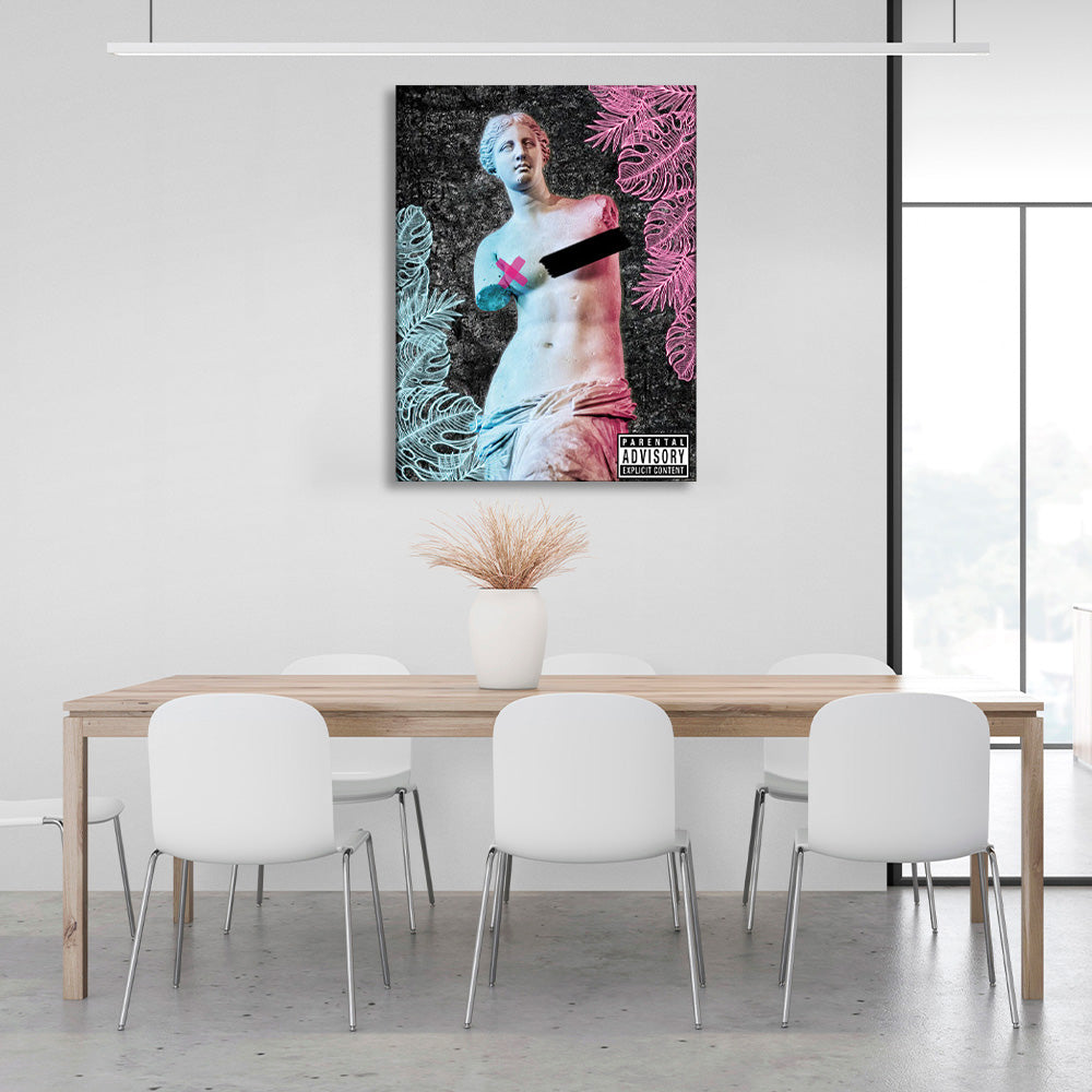 Greek statue against a backdrop of tropical leaves in pink and blue colors Canvas Wall Art Print