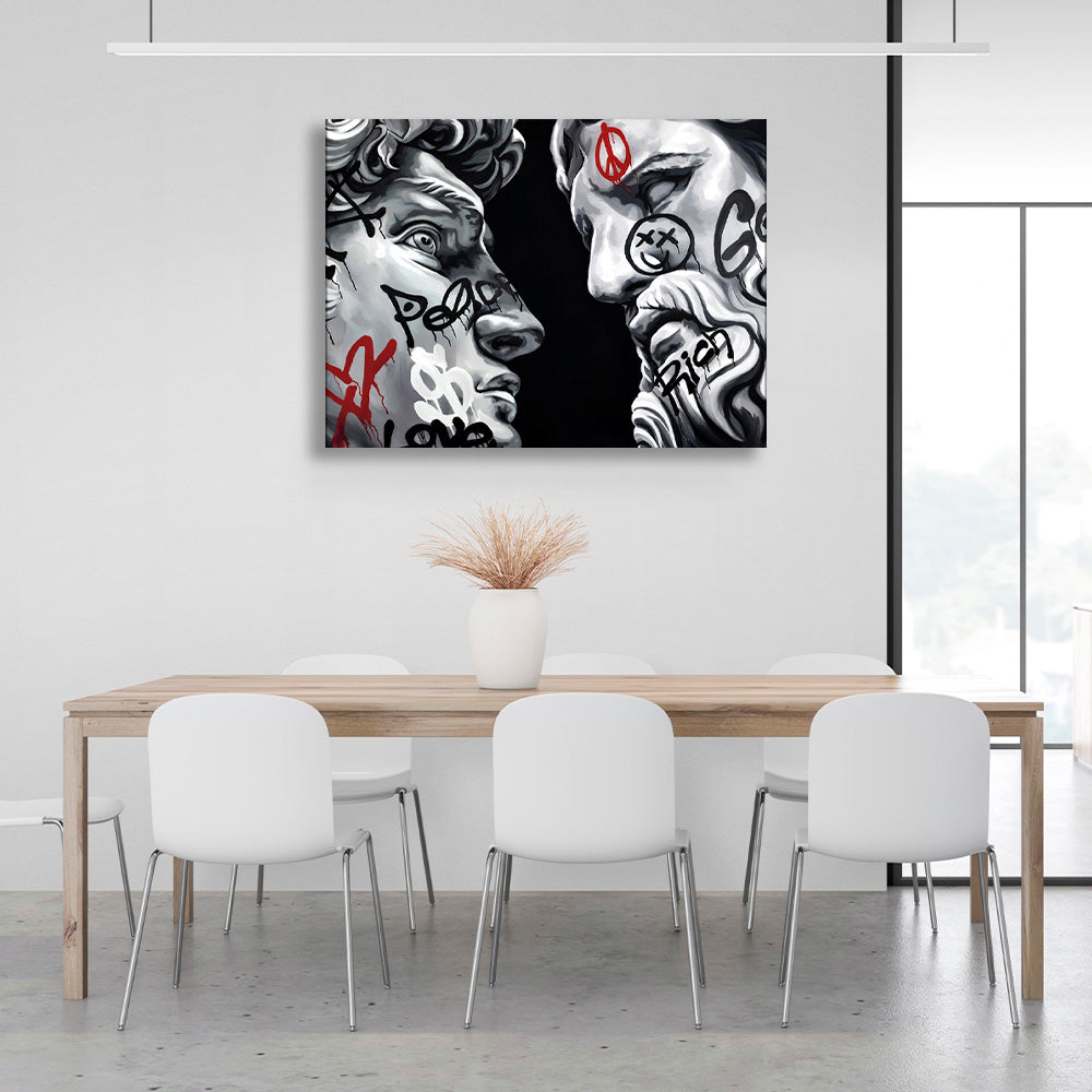 Two Greek sculptures on a black background Canvas Wall Art Print