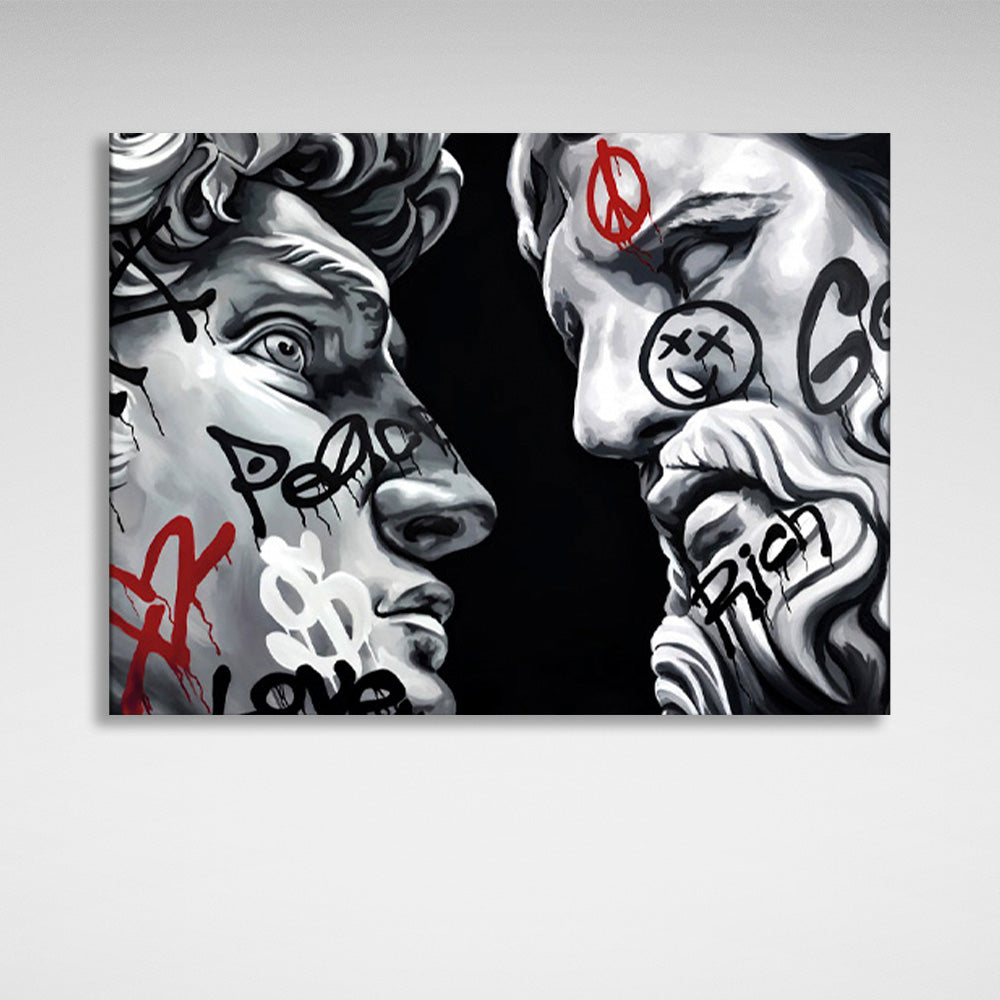 Two Greek sculptures on a black background Canvas Wall Art Print