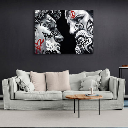 Two Greek sculptures on a black background Canvas Wall Art Print