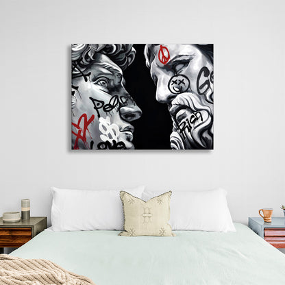 Two Greek sculptures on a black background Canvas Wall Art Print