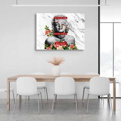 Merlin Monroe with flowers on white and gray background with inscription Inspirational Canvas Wall Art Print