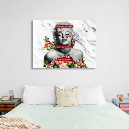 Merlin Monroe with flowers on white and gray background with inscription Inspirational Canvas Wall Art Print