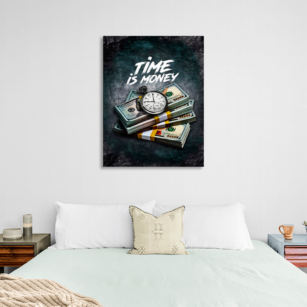 """Time for Money"" over dollars and clocks Inspirational Canvas Wall Art Print"