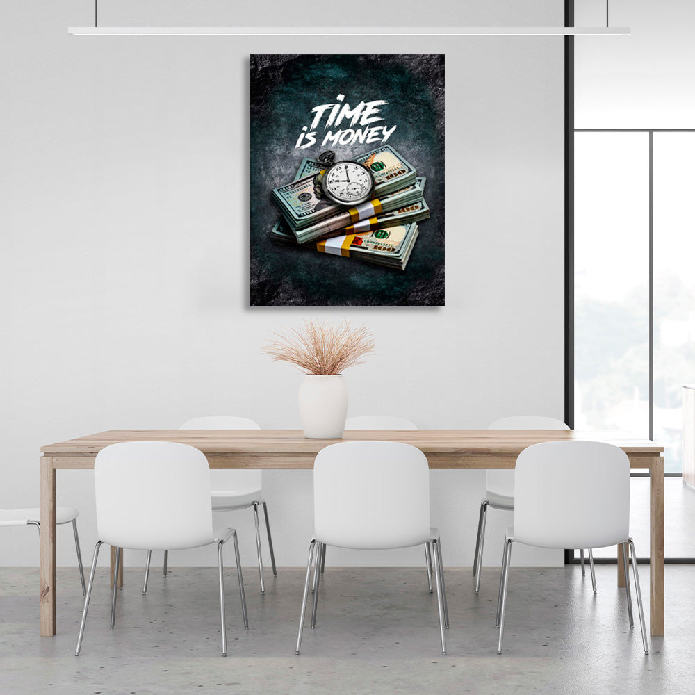 """Time for Money"" over dollars and clocks Inspirational Canvas Wall Art Print"