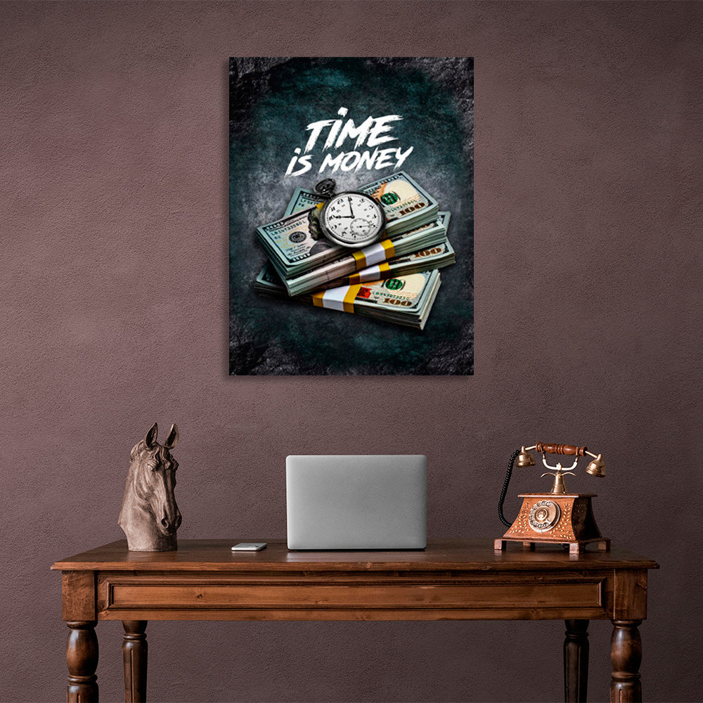 """Time for Money"" over dollars and clocks Inspirational Canvas Wall Art Print"