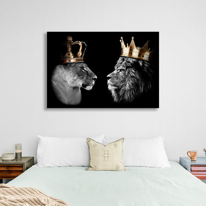 Lion king and lion queen on a black background Motivational Canvas Wall Art Print