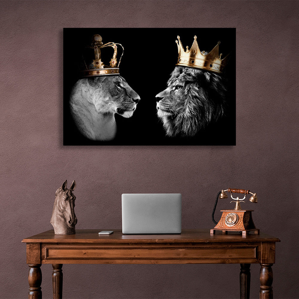 Lion king and lion queen on a black background Motivational Canvas Wall Art Print