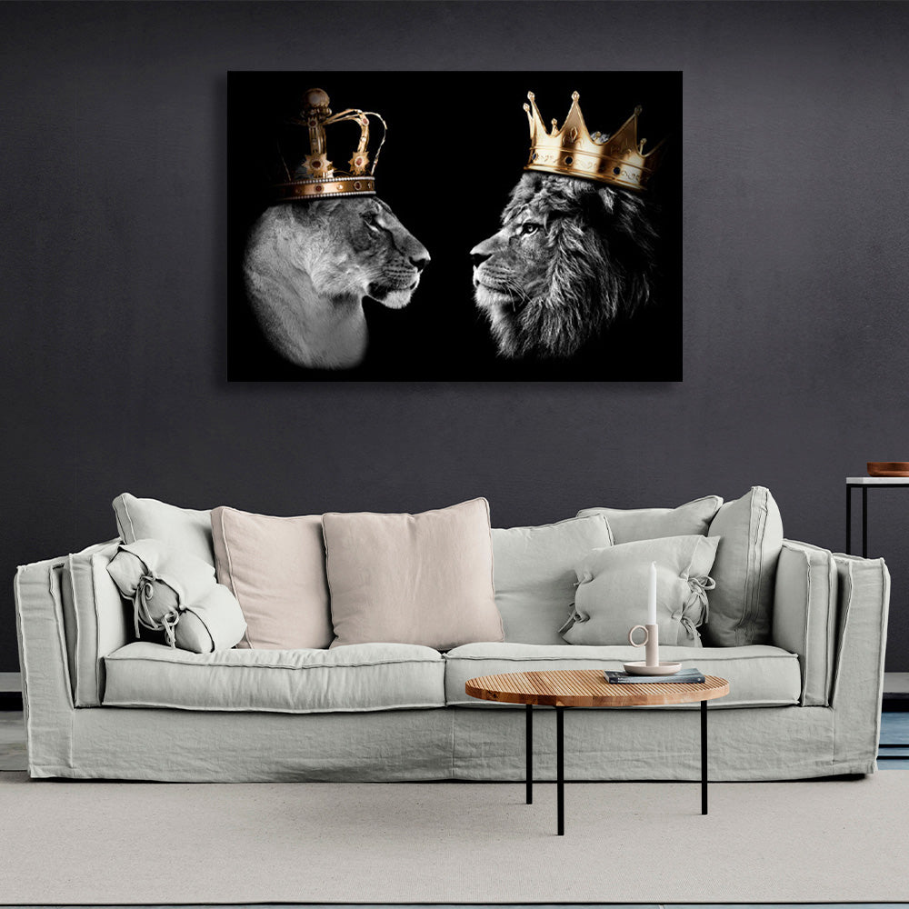 Lion king and lion queen on a black background Motivational Canvas Wall Art Print