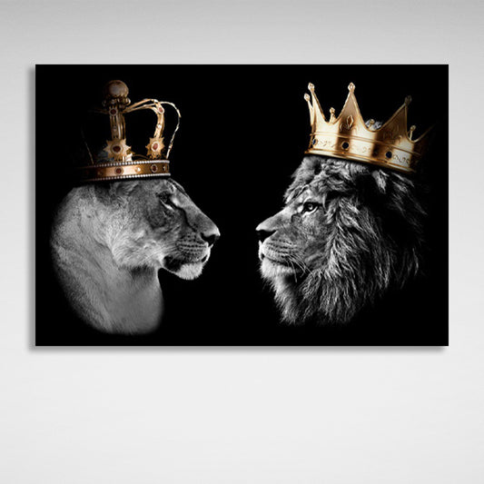 Lion king and lion queen on a black background Motivational Canvas Wall Art Print