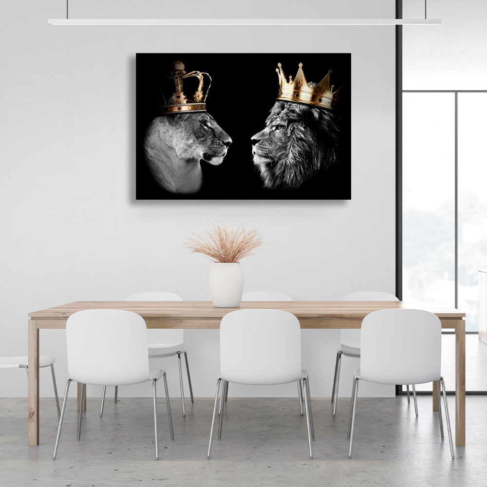 Lion king and lion queen on a black background Motivational Canvas Wall Art Print