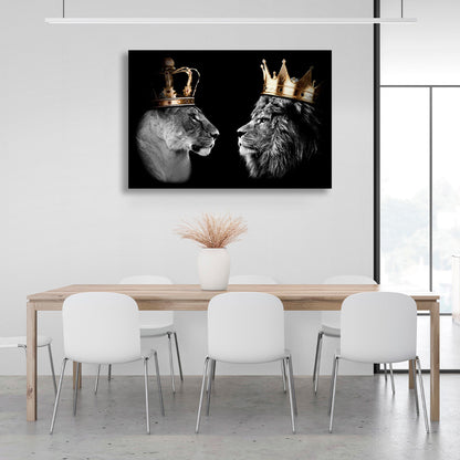 Lion king and lion queen on a black background Motivational Canvas Wall Art Print