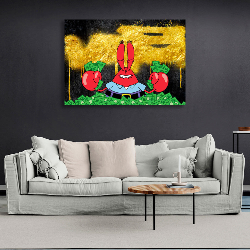 Mr. Krabs in a pile of money on a black and gold background Inspirational Canvas Wall Art Print