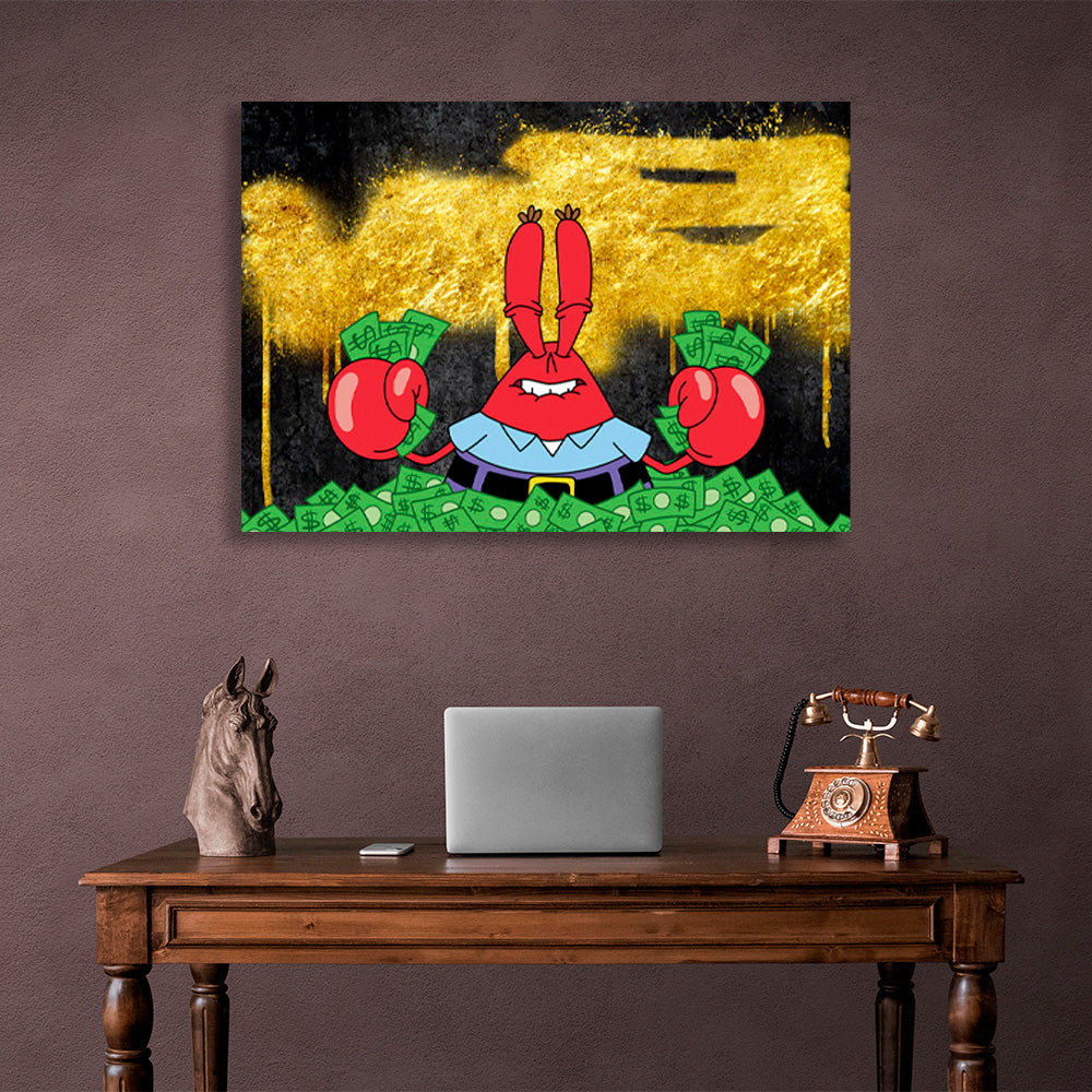 Mr. Krabs in a pile of money on a black and gold background Inspirational Canvas Wall Art Print