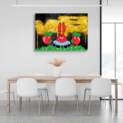 Mr. Krabs in a pile of money on a black and gold background Inspirational Canvas Wall Art Print