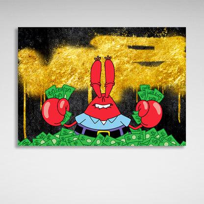 Mr. Krabs in a pile of money on a black and gold background Inspirational Canvas Wall Art Print