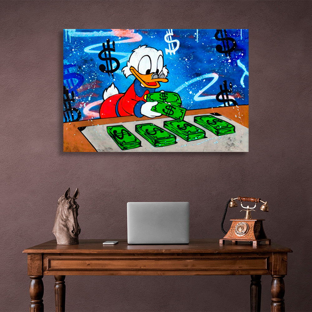 Scrooge's counting dollars Inspirational Canvas Wall Art Print