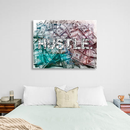 """HASTLE."" against the backdrop of dollars. Inspirational Canvas Wall Art Print"