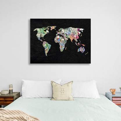 World map with money on black background Canvas Wall Art Print