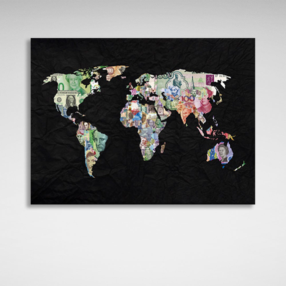 World map with money on black background Canvas Wall Art Print