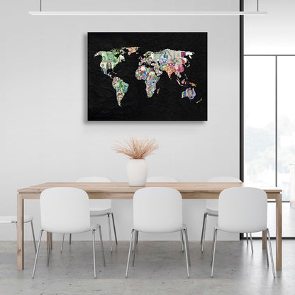 World map with money on black background Canvas Wall Art Print